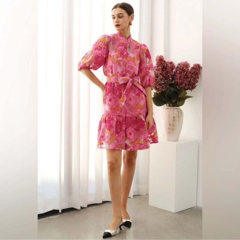 Chicwish Pink & Yellow Floral Tie-Waist Dress - Picture 2 of 8